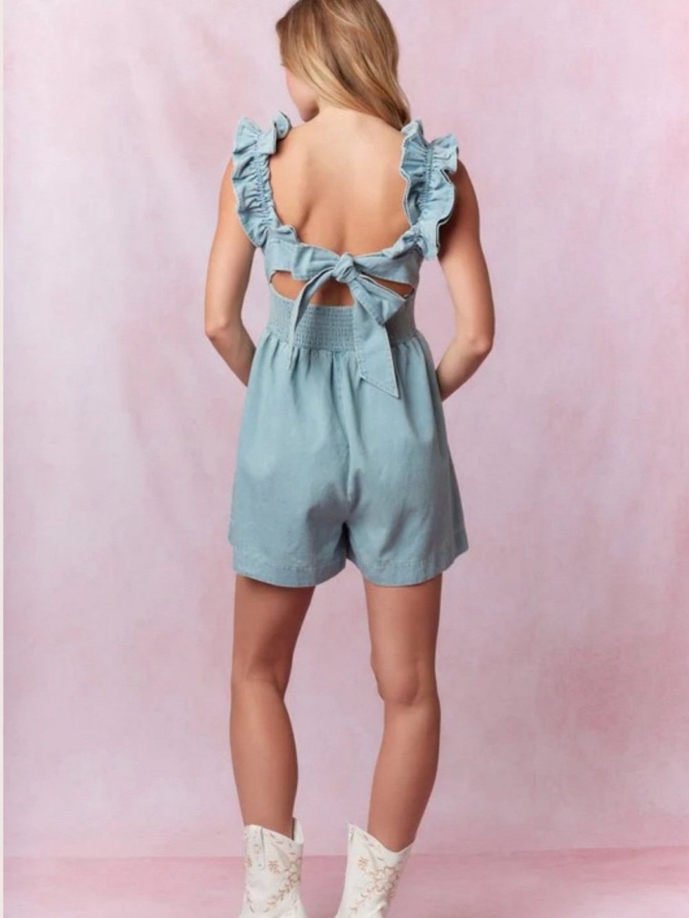 Light Blue Ruffled Denim Romper - Picture 2 of 2